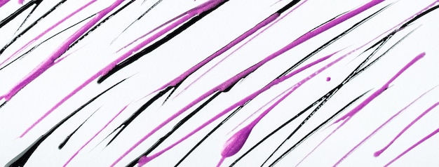 Thin purple and black lines and splashes drawn on white background Abstract art backdrop with lilac brush stroke