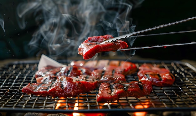 Thin slices of marbled beef are being grilled on a wire rack over a charcoal fire