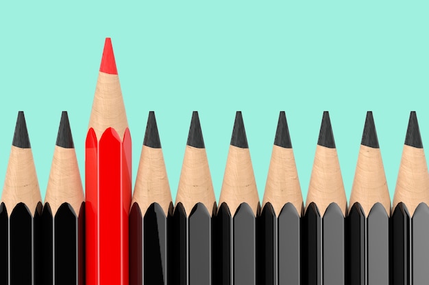 Think Differently Business Concept. Red Pencil Standing Out of Black Pencil Row on an aquamarine background. 3d Rendering