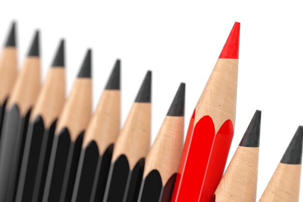 Think Differently Business Concept. Red Pencil Standing Out of Black Pencil Row on a white background. 3d Rendering