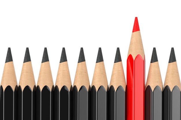 Think Differently Business Concept. Red Pencil Standing Out of Black Pencil Row on a white background. 3d Rendering