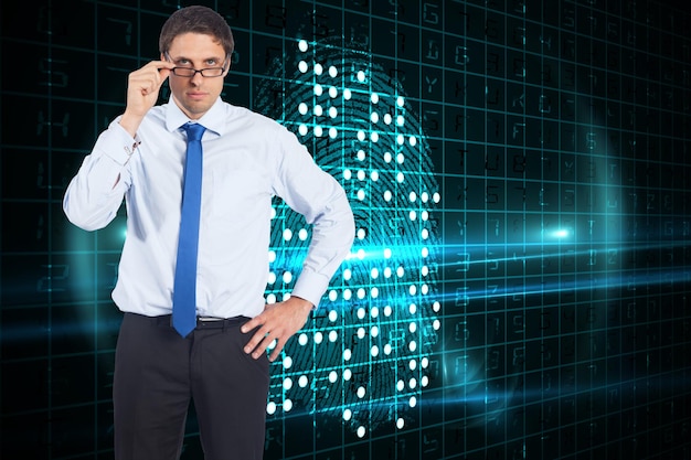 Thinking businessman tilting glasses against digital fingerprint