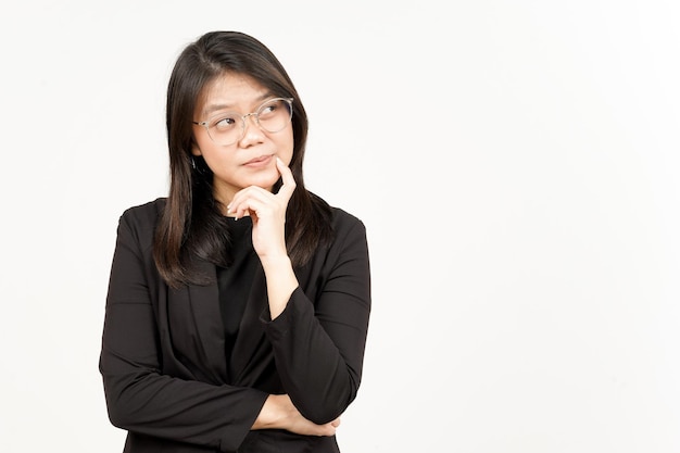 Thinking Gesture Of Beautiful Asian Woman Wearing Black Blazer Isolated On White Background