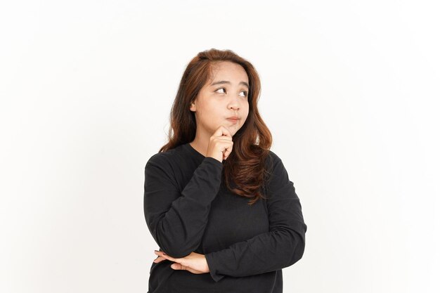 Thinking Gesture Of Beautiful Asian Woman Wearing Black Shirt Isolated On White Background