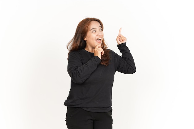 Thinking Gesture Of Beautiful Asian Woman Wearing Black Shirt Isolated On White Background