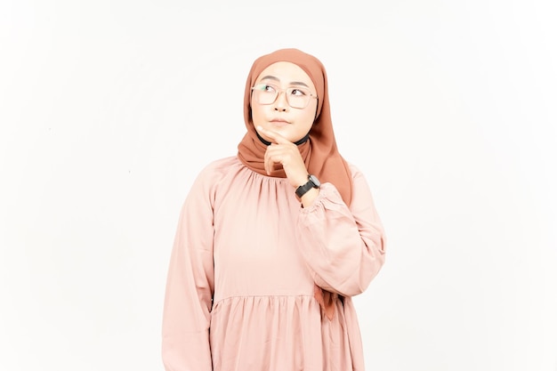 Thinking Gesture of Beautiful Asian Woman Wearing Hijab Isolated On White Background