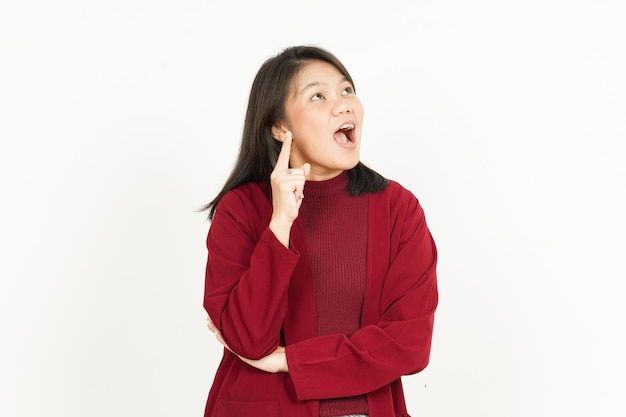 Thinking Gesture Of Beautiful Asian Woman Wearing Red Shirt Isolated On White Background