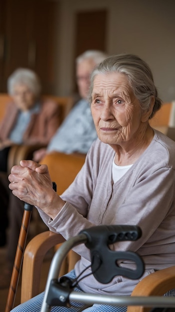 Photo thinking patient and elderly woman with walker in retirement home for remember memory or support