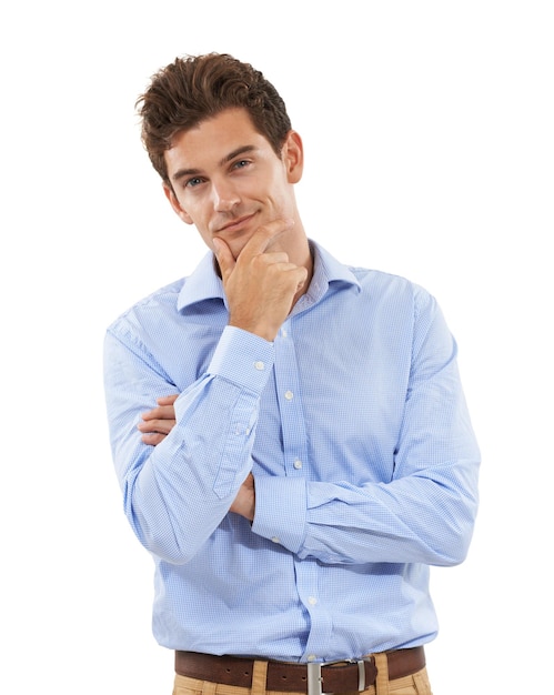 Thinking wonder and portrait of businessman in studio with a pensive or contemplating face expression Confidence professional and corporate male model pondering while isolated by white background