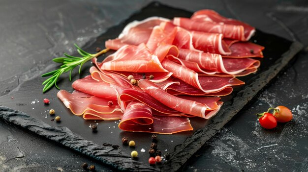 Thinly sliced cured meats beautifully arranged on a sleek black slate accompanied by fresh herbs and spices perfect for a gourmet dining experience