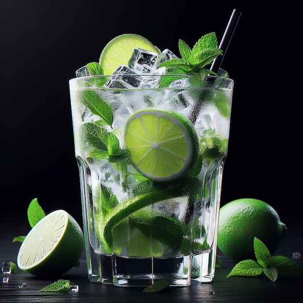 Thirst Inducing Virgin Mojito with Lime on Black Background