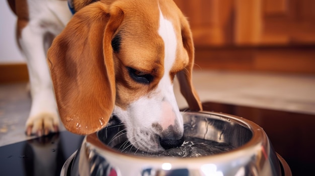 Thirsty Dog Drinking Water from Kitchen Bowl