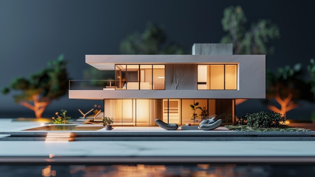 This 3D architectural mockup presents a modern house design with minimalist aesthetics surrounded by detailed landscaping and a tranquil water feature epitomizing luxury and contemporary living