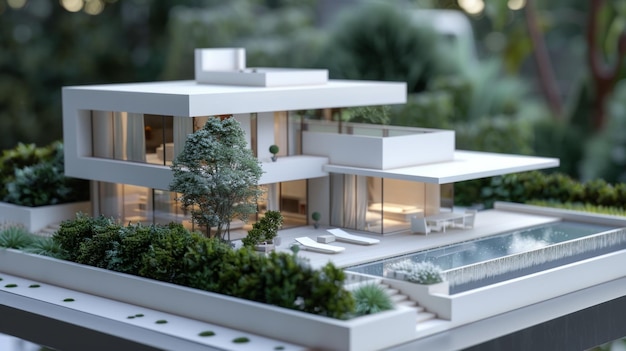 This 3D architectural mockup presents a modern house design with minimalist aesthetics surrounded by detailed landscaping and a tranquil water feature epitomizing luxury and contemporary living