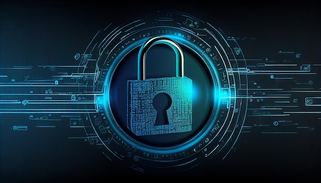 In this abstract cyberattack block concept Generative AI a shield with a lock icon is depicted on a circuit board and network wireframe with binary code over a background