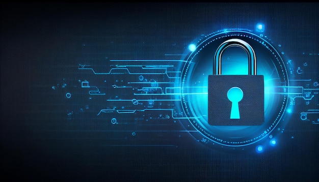 In this abstract cyberattack block concept Generative AI a shield with a lock icon is depicted on a circuit board and network wireframe with binary code over a background