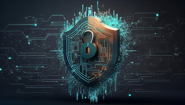 In this abstract cyberattack block concept Generative AI a shield with a lock icon is depicted on a circuit board and network wireframe with binary code over a blue backgroundx9