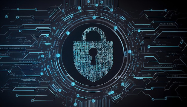 In this abstract cyberattack block concept Generative AI a shield with a lock icon is depicted on a circuit board and network wireframe with binary code over a blue backgroundx9