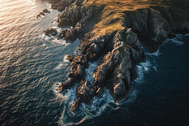 This aerial photograph showcases a distant island surrounded by the vast expanse of the ocean Dusk light casting shadows on the sea and rocky coastlines from above AI Generated