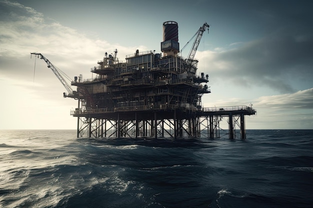 This aerial view captures an offshore oil rig in the vastness of the sea with its towering structures and machinery Generative AI