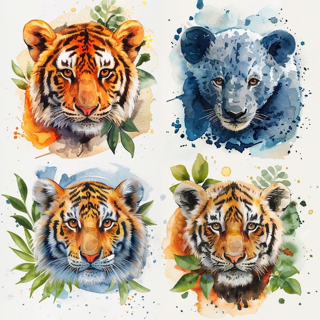 Photo this artwork showcases four detailed watercolor animal portraits including majestic tigers