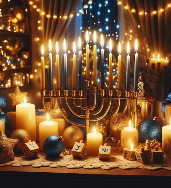 Photo this awesome design is made for the jewish religious festival of happy hanukkah