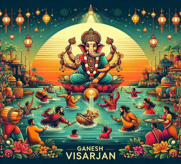 This beautiful design is designed for Hindu mythological event Happy Ganesh Visarjan