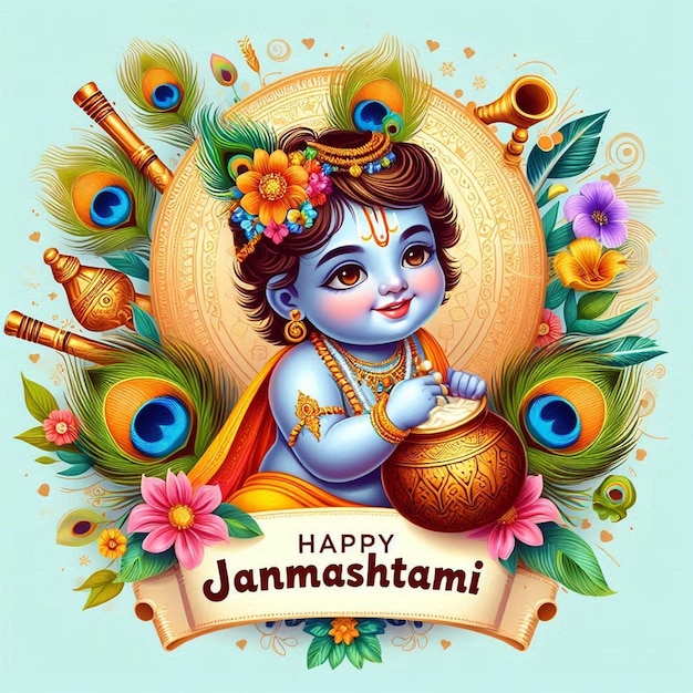 This beautiful illustration is illustrated for Happy Janmashtami