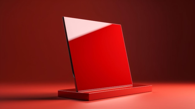 This blank tabletop sign holder mockup in bold red creates a statement for your branding needs