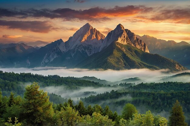 Photo this breathtaking image captures the stunning beauty of a mountainous landscape at sunset