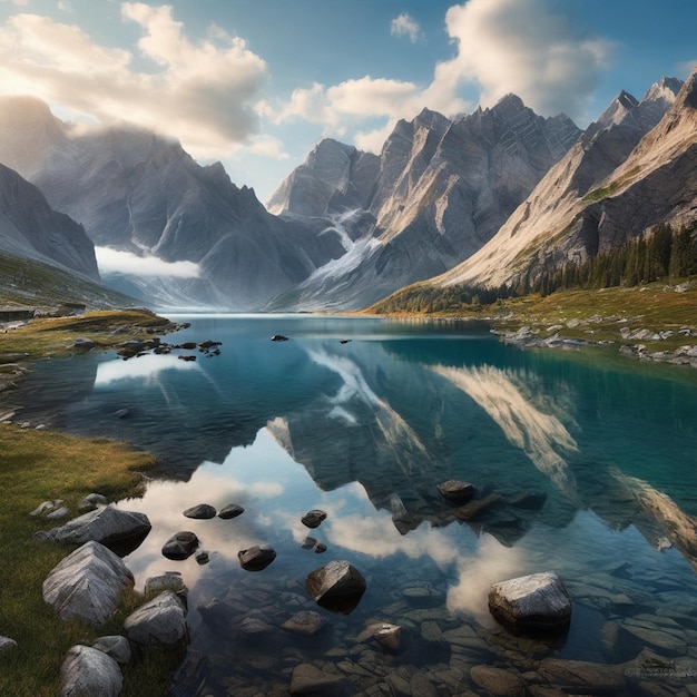 This breathtaking scene showcases capped mountains