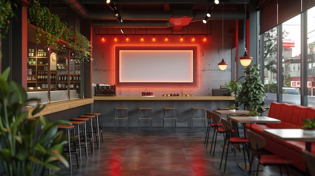 This cafe boasts a trendy industrial vibe accented by neon lights framing the central menu board