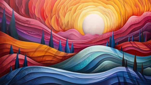 This captivating abstract artwork presents a surreal interpretation of a sunset over rolling hills