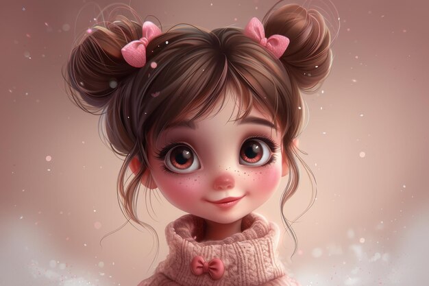 This cartoon baby girl is wearing a pink bow and she is so cute