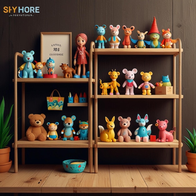 This cartoon landing page shows funny toys for kids on a wooden shelf in a shop