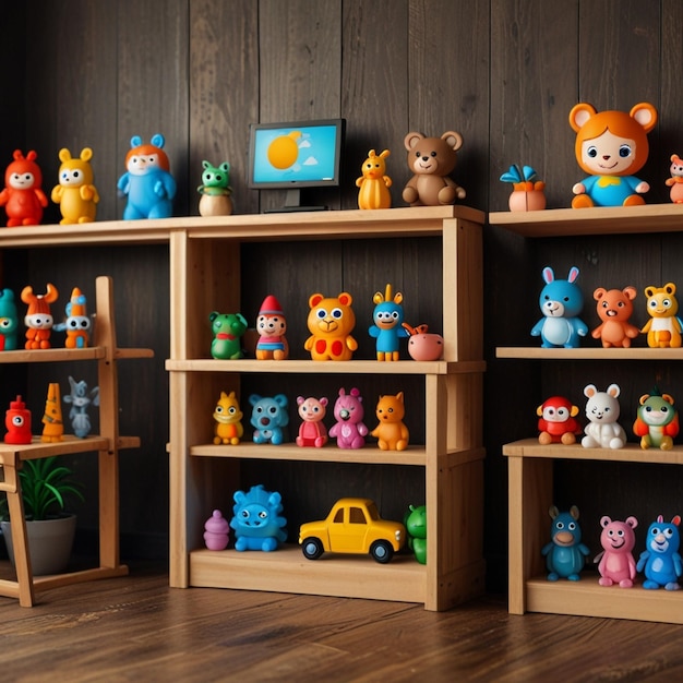 This cartoon landing page shows funny toys for kids on a wooden shelf in a shop