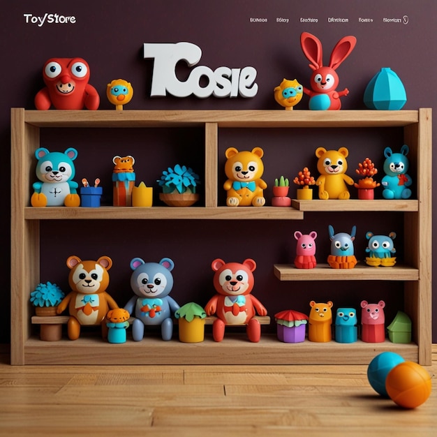 This cartoon landing page shows funny toys for kids on a wooden shelf in a shop