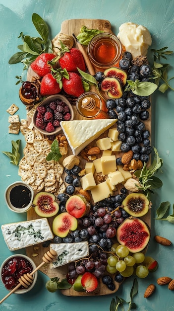 Photo this charcuterie board features organic cheeses nuts fruits and honey for a healthy snack