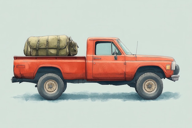 Photo this charming flat illustration showcases a vibrant red pickup truck with a big backpack resting in its bed inviting adventure on a serene blue canvas