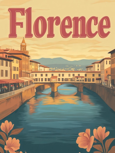 Photo this classic travel poster invites onlookers to the enchanting beauty of florence showcasing its charming riverside architecture and vibrant atmosphere during a stunning sunset