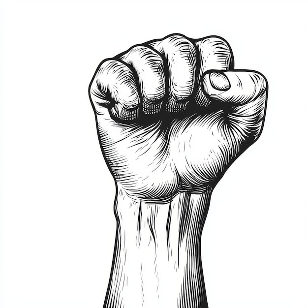 This clenched fist symbolizes protest rebellion and strength Fighting and freedom concept Human arm Black and white sketch design