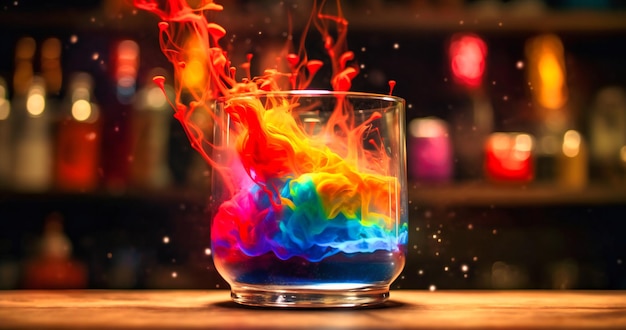 This colorful drink is sitting inside a glass