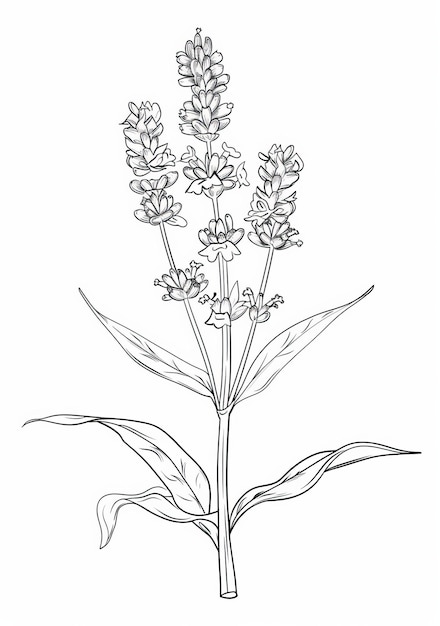 This coloring page features a simple and detailed outline of a lavender flower with leaves Its a gre