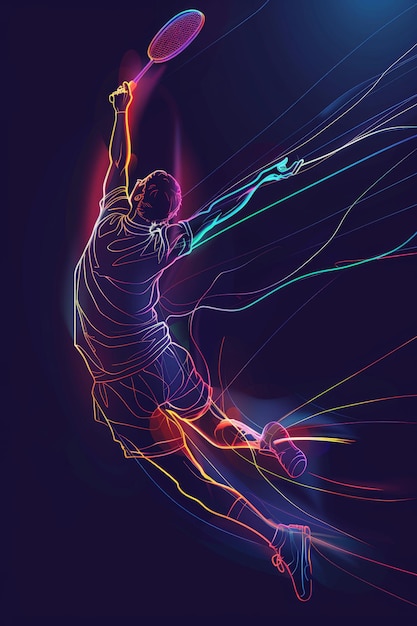 Photo this continuous line drawing features a badminton player midswing their form outlined by a glowing neon light that adds a dynamic contemporary element to the vector illustration