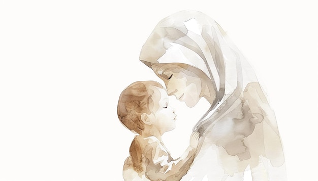 This cute illustration of Mother Mary holding Baby Jesus against a white background Motherhood