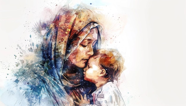 This cute illustration of Mother Mary holding Baby Jesus against a white background Motherhood