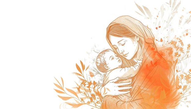 This cute illustration of Mother Mary holding Baby Jesus against a white background Motherhood