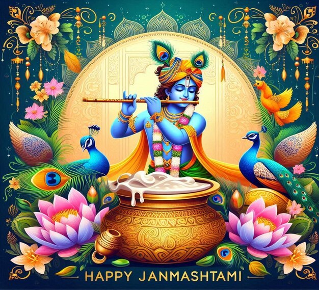 This design is designed for Indian traditional and Hindu mythological event Happy Janmashtami