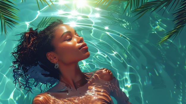 In this digital illustration a girl is seen sunbathing by the pool surrounded by palm trees on a tropical vacation