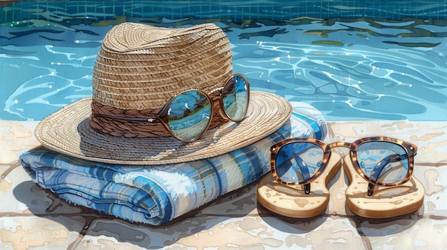 This digital illustration shows beach accessories such as a beach hat sunglasses flipflops and a plaid towel on the sand